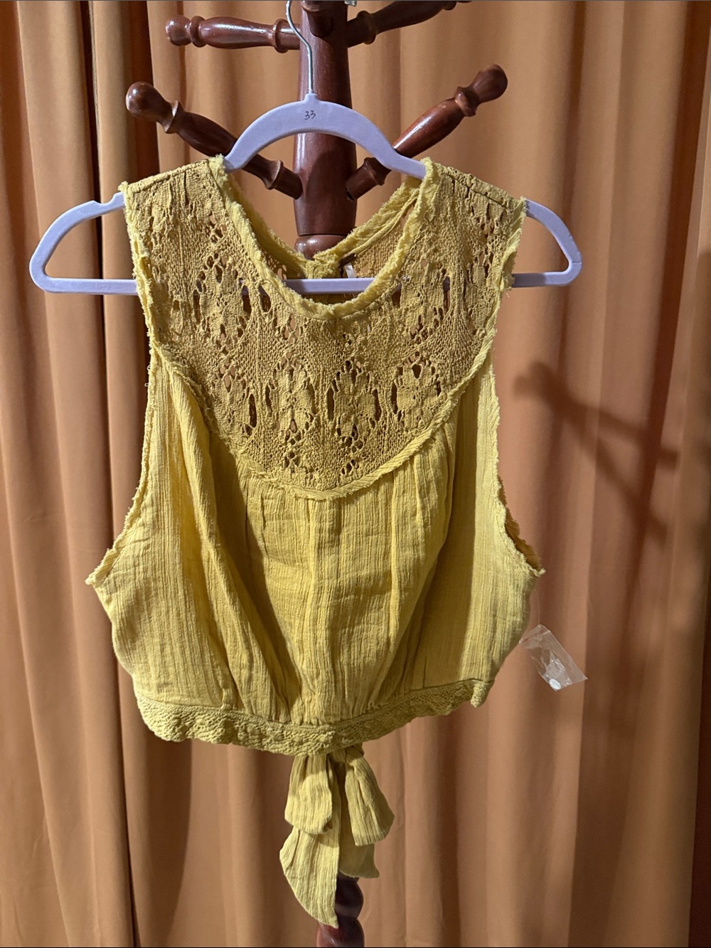 Free People Yellow Crochet Yoke Tie-Back Camisole